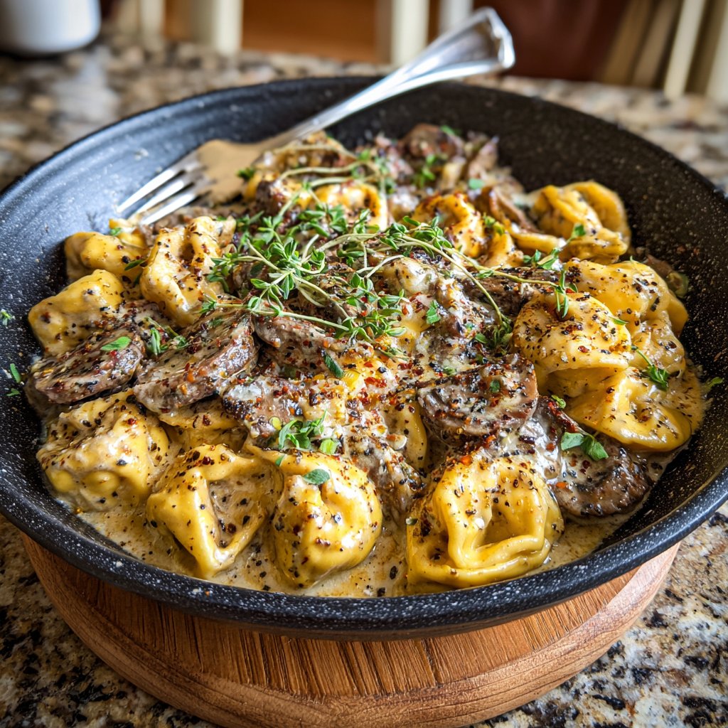 Garlic Steak Tortellini with Creamy Mushroom Sauce
